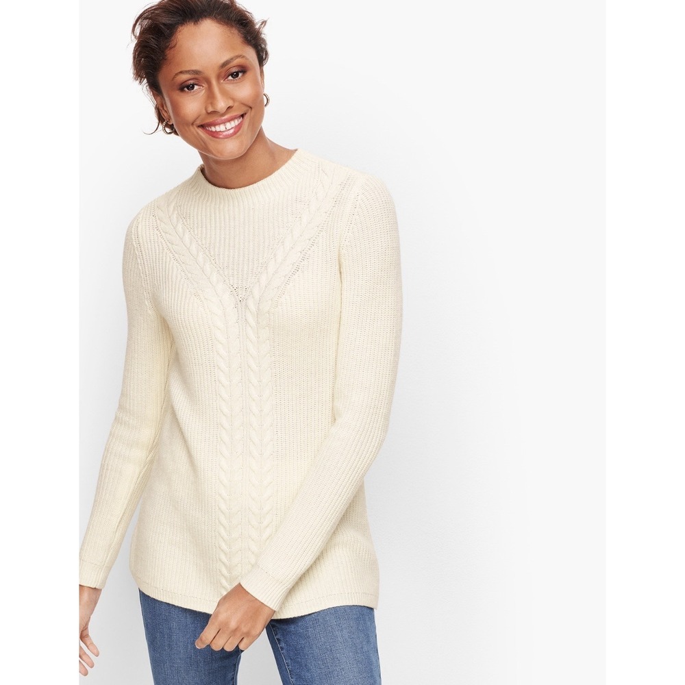 TALBOTS Women's Ivory Cable Knit Shaker Stitch Sweater Size Small Petite
